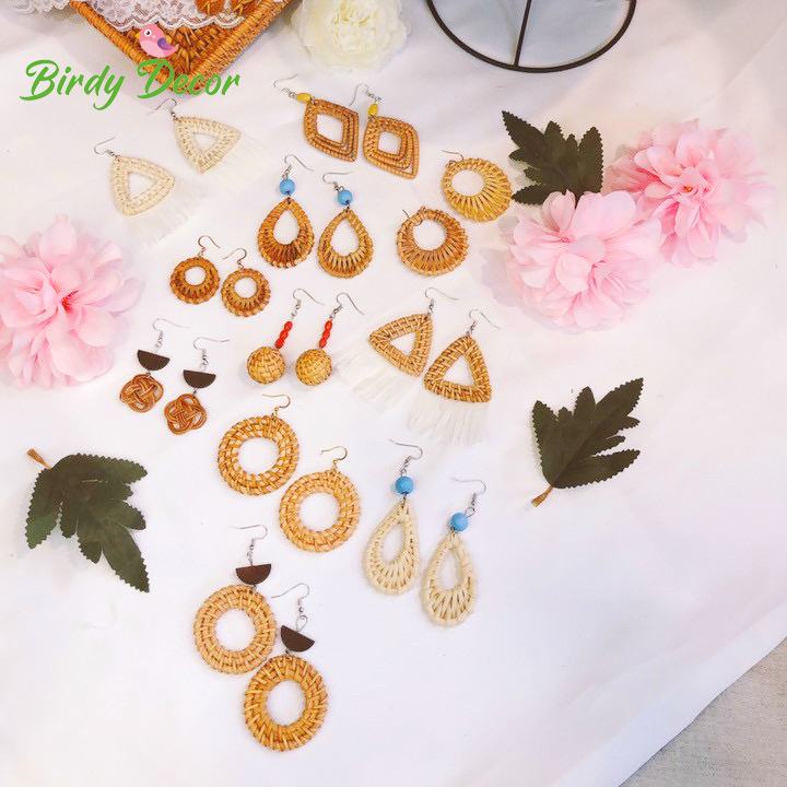 Bông tai mây tre đan đi chơi biển du lịch phong cách Bohemian xinh. Khuyên tai nữ phụ kiện trang sức hoa tai Boho