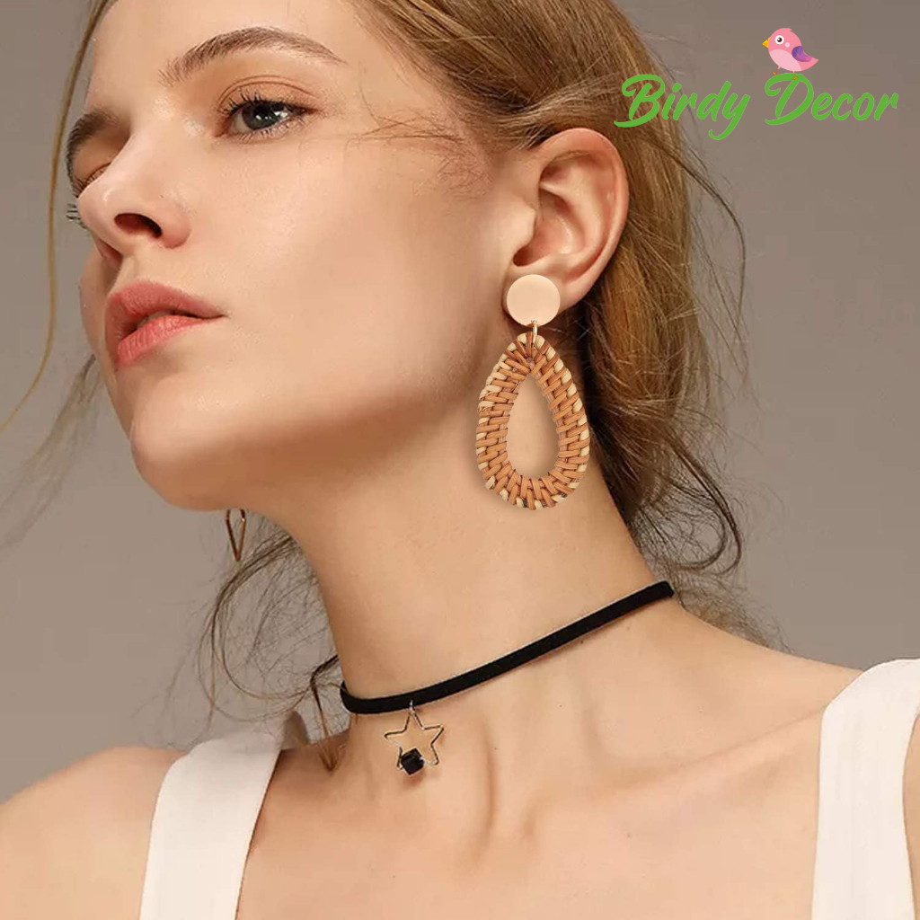 Bông tai mây tre đan đi chơi biển du lịch phong cách Bohemian xinh. Khuyên tai nữ phụ kiện trang sức hoa tai Boho