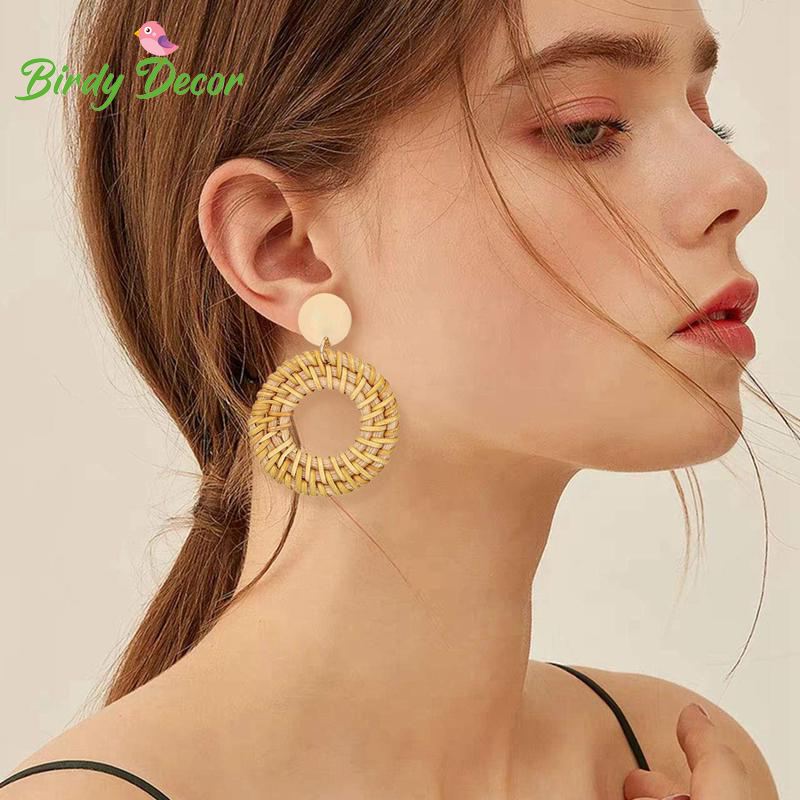 Bông tai mây tre đan đi chơi biển du lịch phong cách Bohemian xinh. Khuyên tai nữ phụ kiện trang sức hoa tai Boho