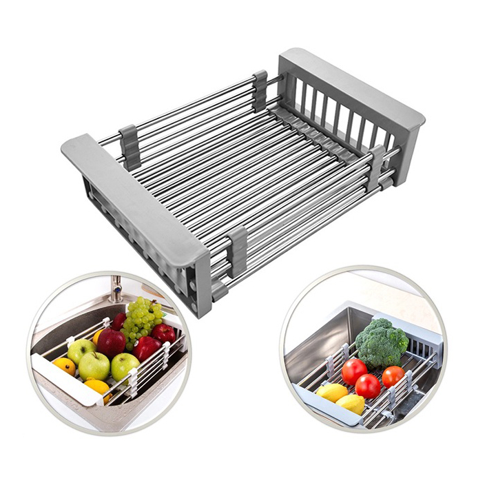 Rổ inox rút gọn gác bồn rửa bát để ráo nước chuyên dụng, rổ gác bồn rửa chén tiện lợi