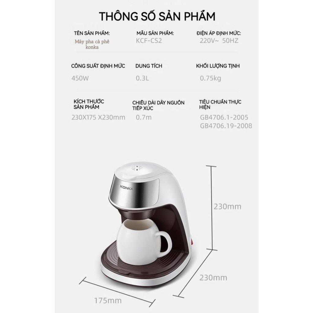Máy pha cà phê KONKA KCF-CS2  | Máy pha cà phê Tự động 300ml | Hàng Nhập Khẩu Bảo hành 6 tháng