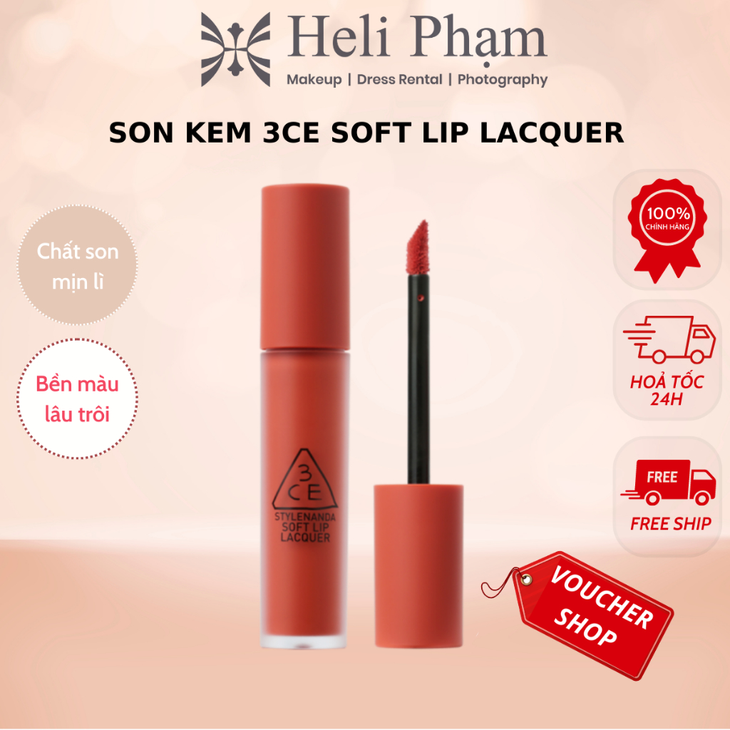 Son Kem Lì 3CE SOFT LIP LACQUER Cho Làn Môi Mềm Mịn Ẩm Mượt - Bền Màu Lâu Trôi