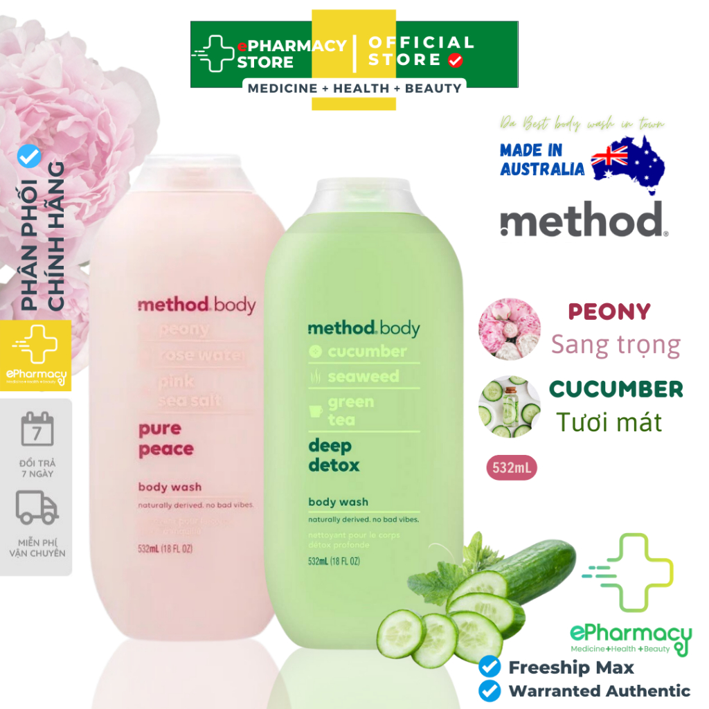 Sữa Tắm Method Body Wash Úc Cấp Ẩm Dữơng Trắng Da Cho Da Mịn Màng Sạch Sâu Từ Bên Trong [532mL]