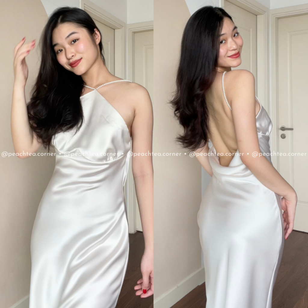 Đầm lụa cổ yếm dài, phối dây hạt phù hợp dự tiệc (hình thật sản phẩm của shop)