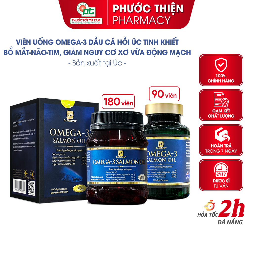 Viên uống dầu cá Hồi Dr.Natural OMEGA 3 SALMON OIL Hỗ trợ giảm mỡ máu bổ não tốt cho tim mạch hộp 180 viên