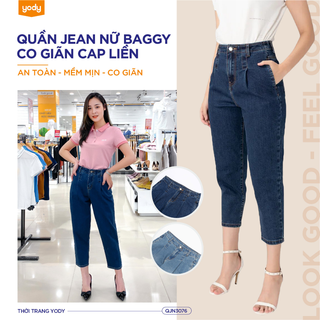 Quần jean nữ YODY cạp liền quần baggy tôn dáng chất liệu cotton con giãn thấm hút mồ hôi QJN3076