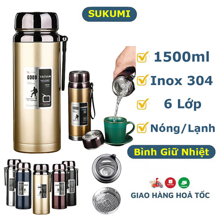 Bình đựng nước giữ nhiệt nóng lạnh Inox 304 dung tích 1500ml 6 lớp cao cấp, Bình giữ nhiệt Kim Cương có lưới lọc trà