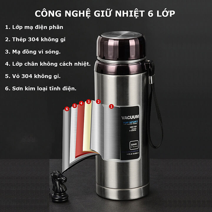Bình đựng nước giữ nhiệt nóng lạnh Inox 304 dung tích 1500ml 6 lớp cao cấp, Bình giữ nhiệt Kim Cương có lưới lọc trà
