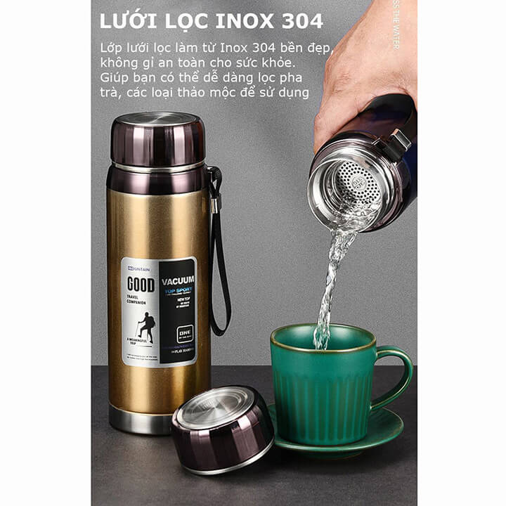 Bình đựng nước giữ nhiệt nóng lạnh Inox 304 dung tích 1500ml 6 lớp cao cấp, Bình giữ nhiệt Kim Cương có lưới lọc trà