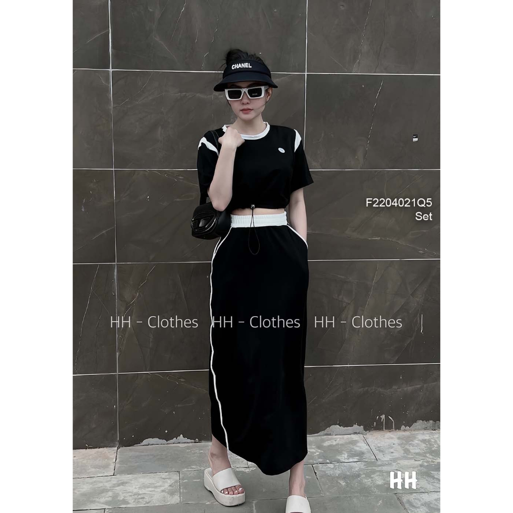 Set áo croptop bo eo tay ngắn+ chân váy dáng dài!