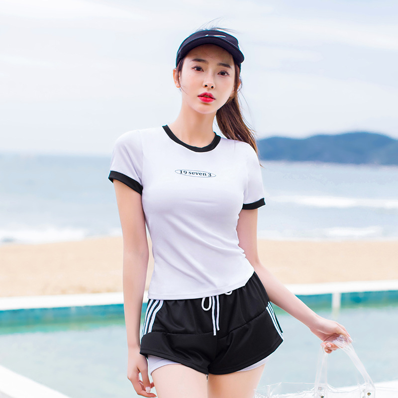 Đồ bơi đi biển kín đáo LUHAZO set 2 chi tiết quần 2 lớp dày dặn cạp cao che bụng mỡ phong cách thể thao 8039 C-22