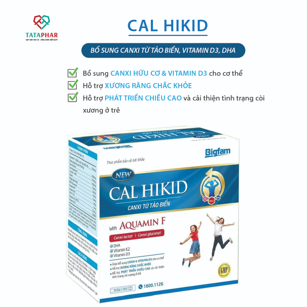 Canxi hữu cơ và Vitamin K2, D3 cho trẻ em Cal Hikid Bigfam, canxi từ tảo biển, thực phẩm bổ sung hộp 20 ống