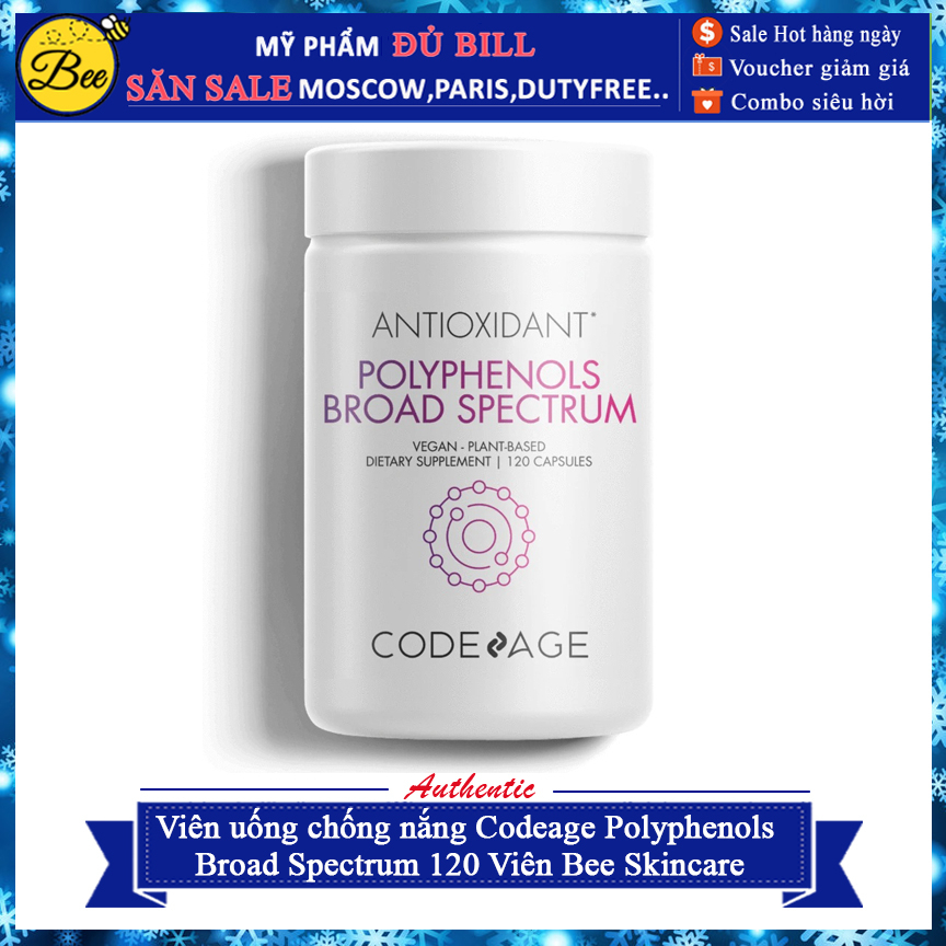 Viên uống chống nắng Codeage Polyphenols Broad Spectrum 120 Viên Trắng Sáng Đều Màu Da Bee Skincare