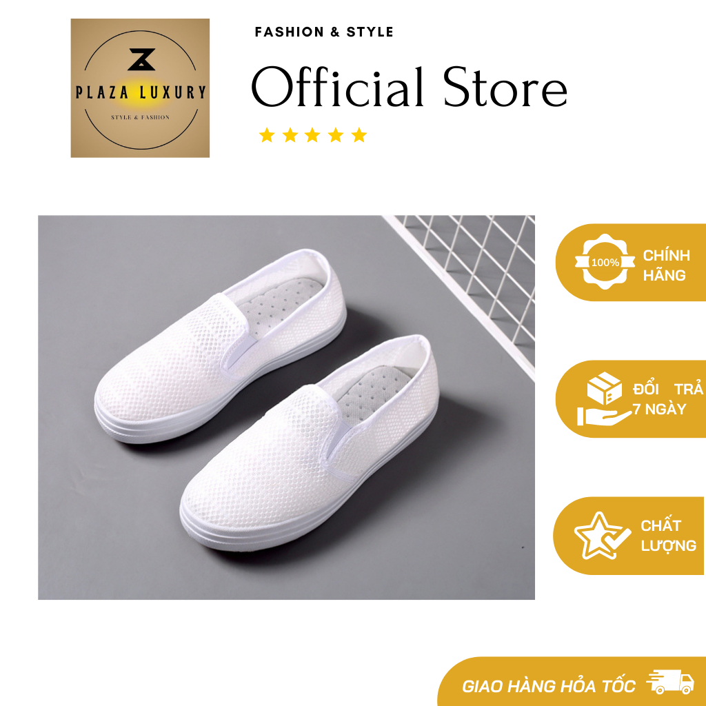 Giày Slip-on Vải Thoáng Khí, Màu Trắng Đen, Giày Nữ Đế Bằng GN37