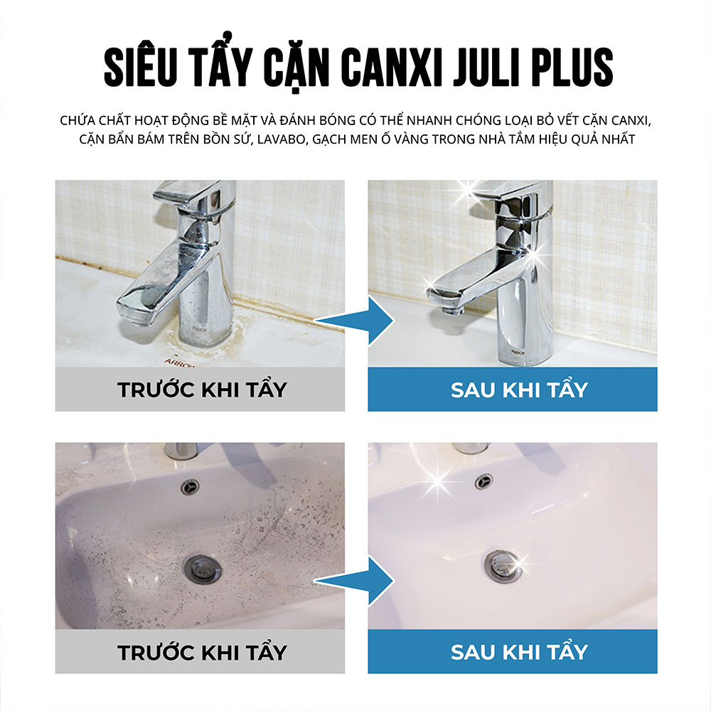 Tẩy cặn canxi nhà tắm Juli plus siêu tẩy rửa cặn bám trên vòi sen inox, vệ sinh vách kính lavabo xịt là sạch, Chai 500ml