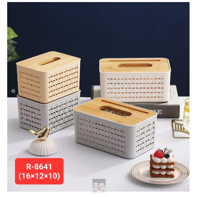 Hộp đựng giấy vuông, nắp gỗ, nhựa PP cao cấp