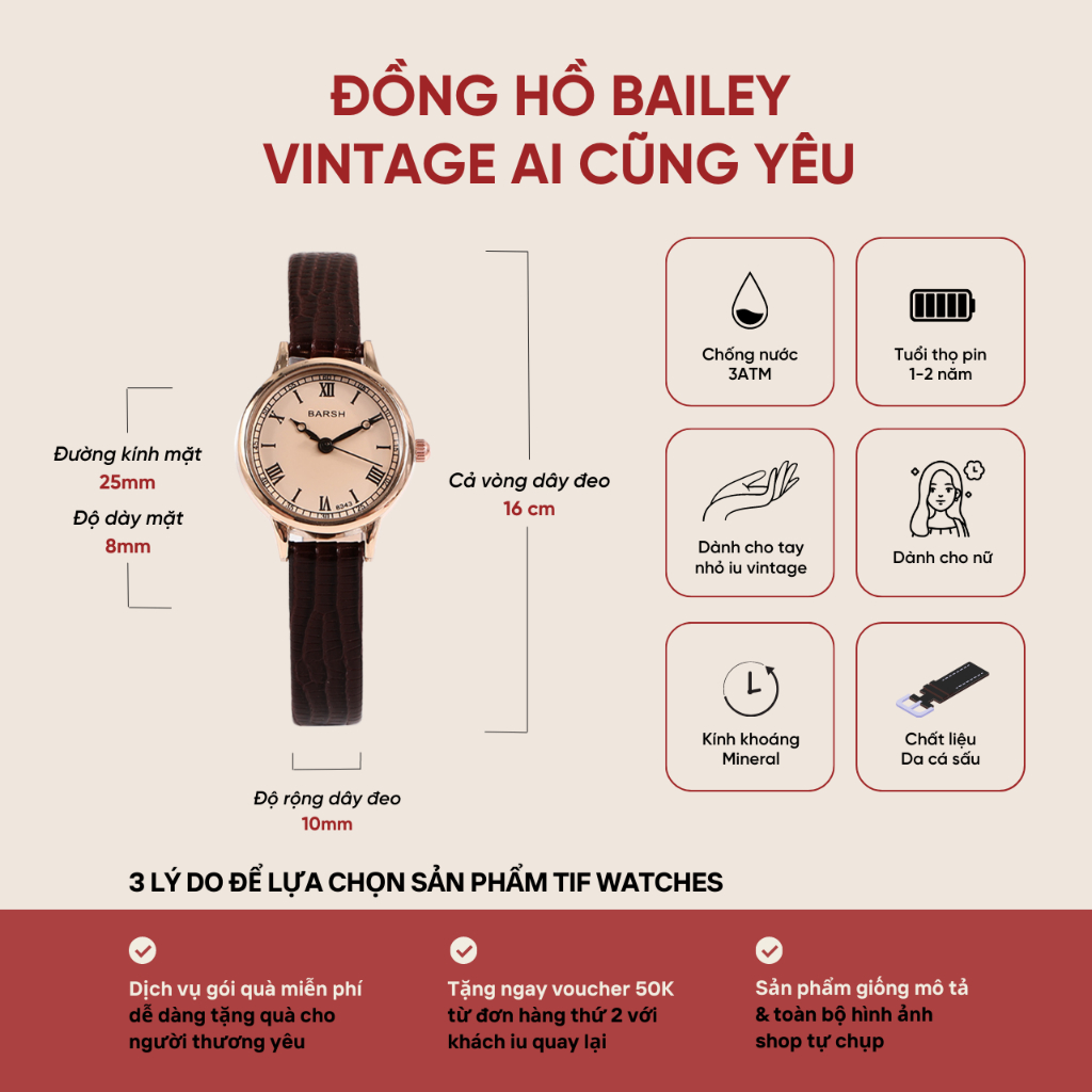 Đồng Hồ Nữ Mặt Nhỏ BAILEY Chống Nước Tif Watches Dây Da Cao Cấp