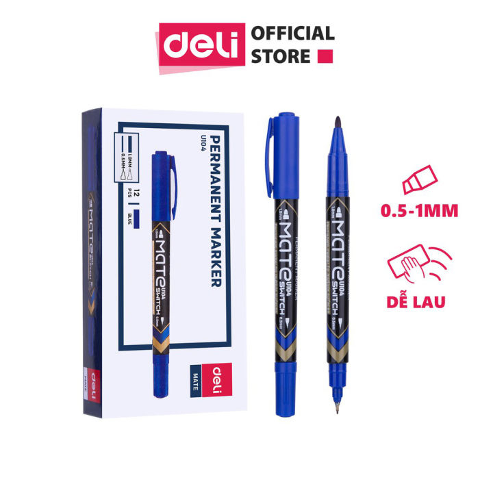 Bút Lông Dầu Deli Không Xóa Được 2 Đầu 2 Kích Thước S555/ U10430 Màu Xanh/Đen/Đỏ