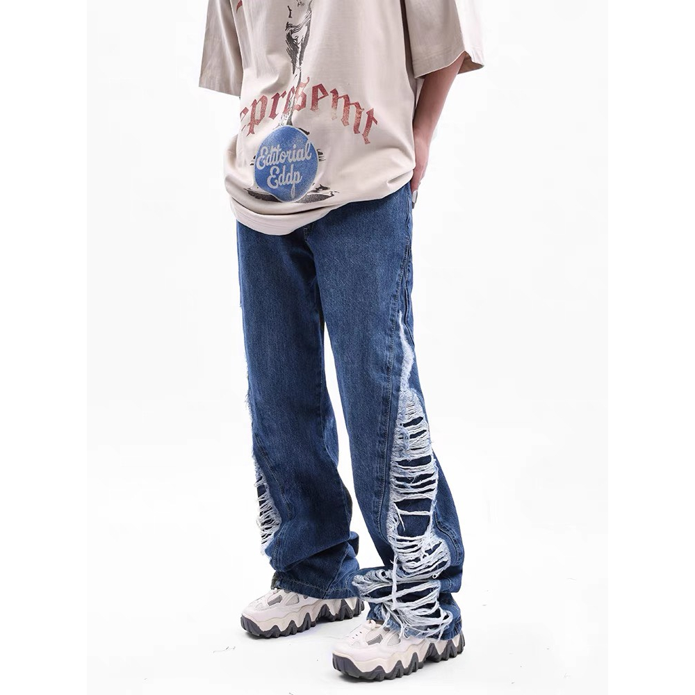 Quần Jean Ống Rộng Rách Tua Rua Distressed Ripped Jeans LJIN Q0972 Cá Tính Độc Đáo