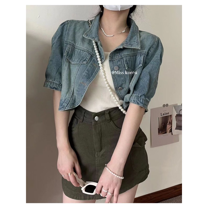 ÁO KHOÁC JEAN DENIM DÁNG NGẮN THIẾT KẾ NGẮN TAY CỔ SƠ MI