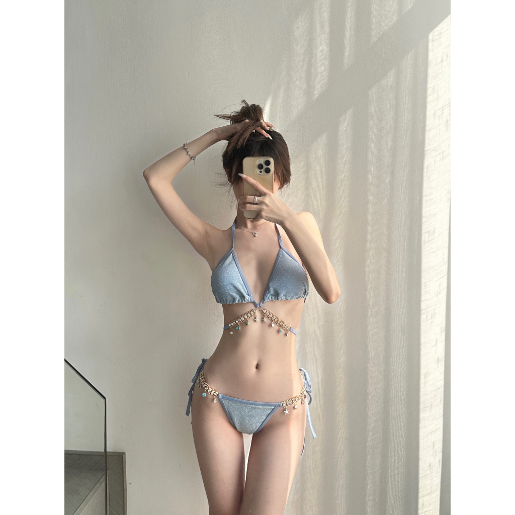 BI13 BIKINI vải nhũ màu xanh đính đá độc lạ 2023