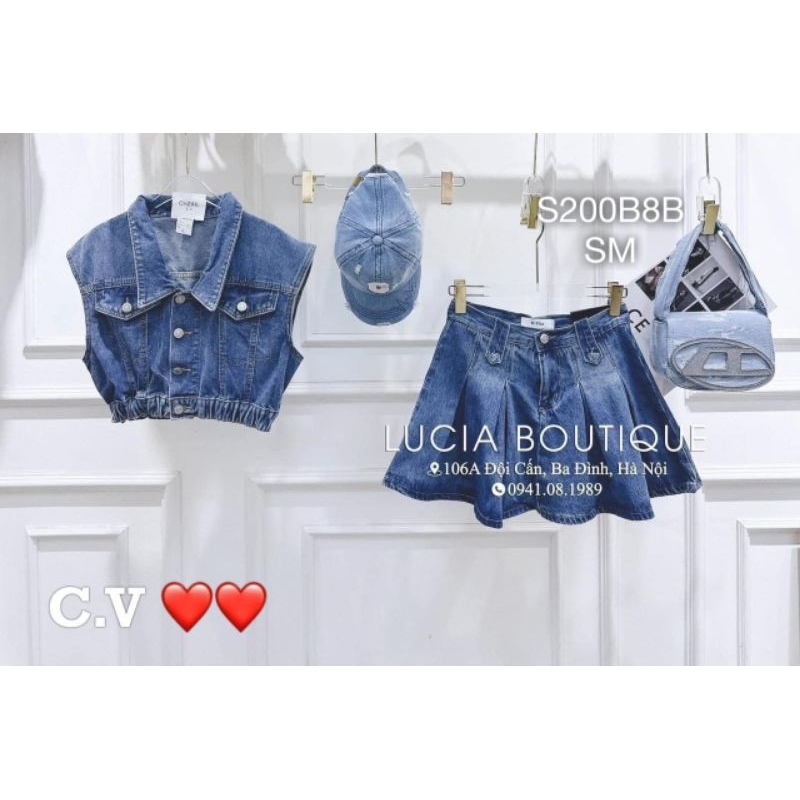 Set Đồ Jean Áo Sơ Mi Croptop Không Tay Chun Gấu Mix Chân Váy Xòe Ngắn Kiểu Hàn Quốc - S8200