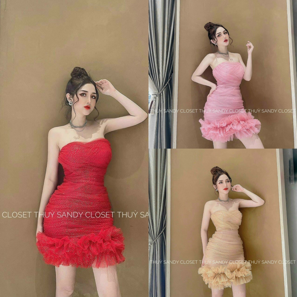 Đầm trễ vai cúp ngực dáng xòe cánh bèo dễ thương, cuốn hút ánh nhìn [945]