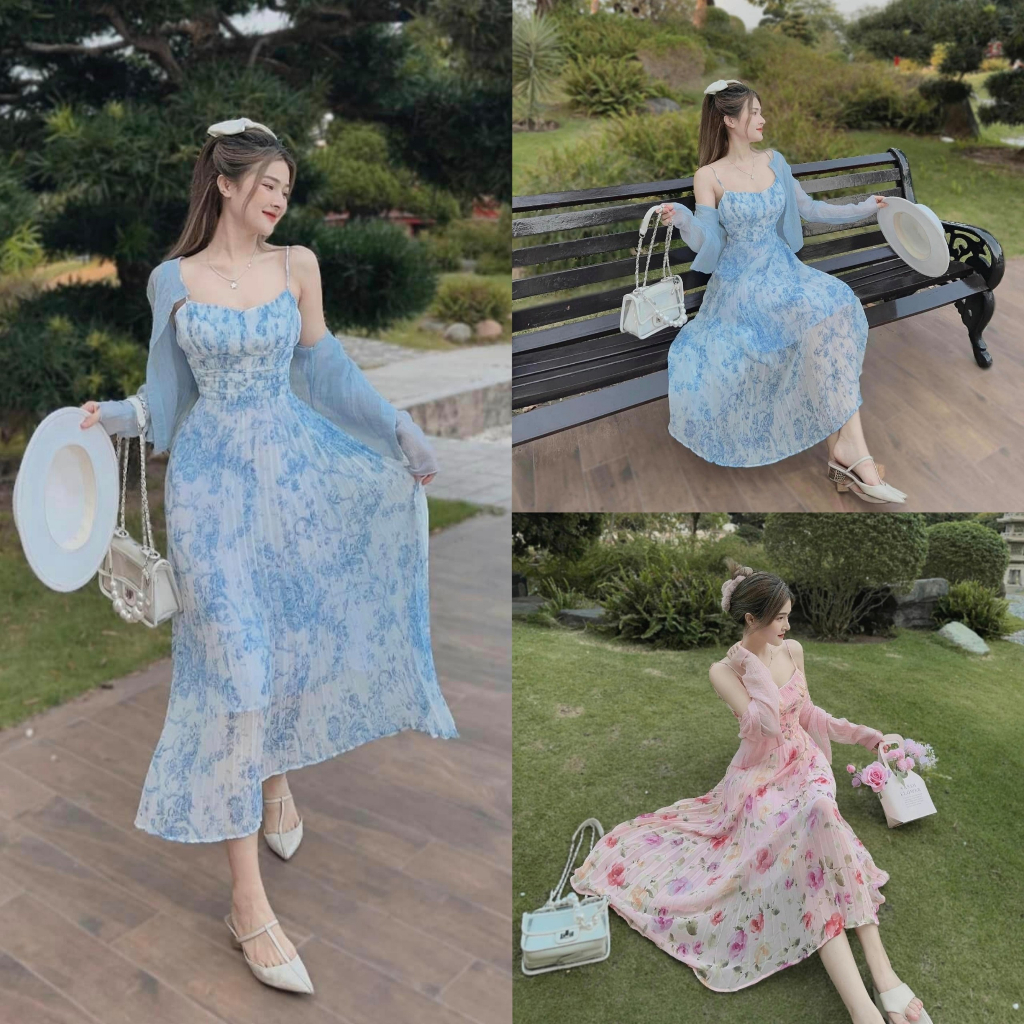 Đầm maxi hai dây dáng xòe kèm khoác họa tiết bông phù hợp đi dạ hội, đi biển