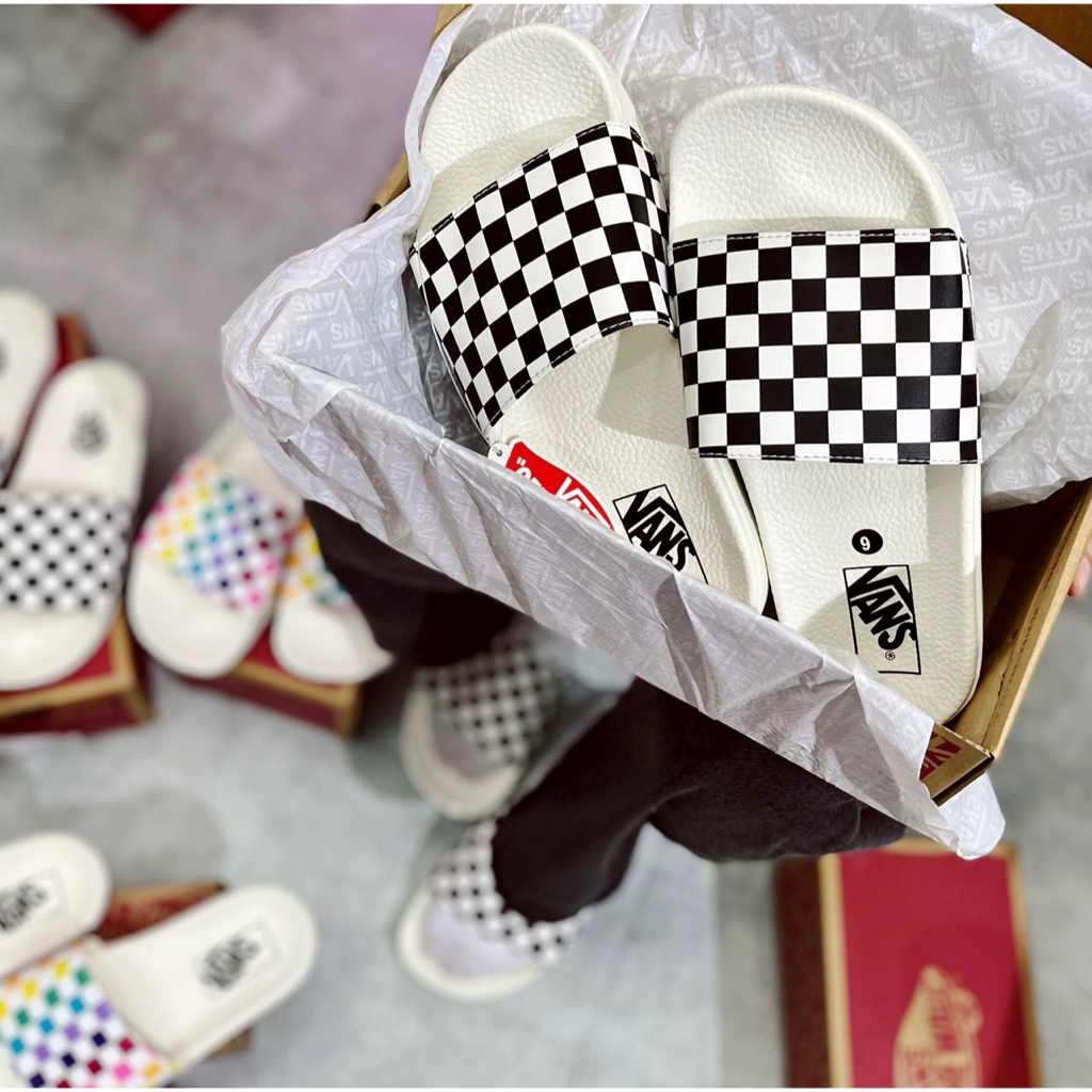 Dép Quai Ngang Vans Party Checkerboard Black/Multicolor Fullbox