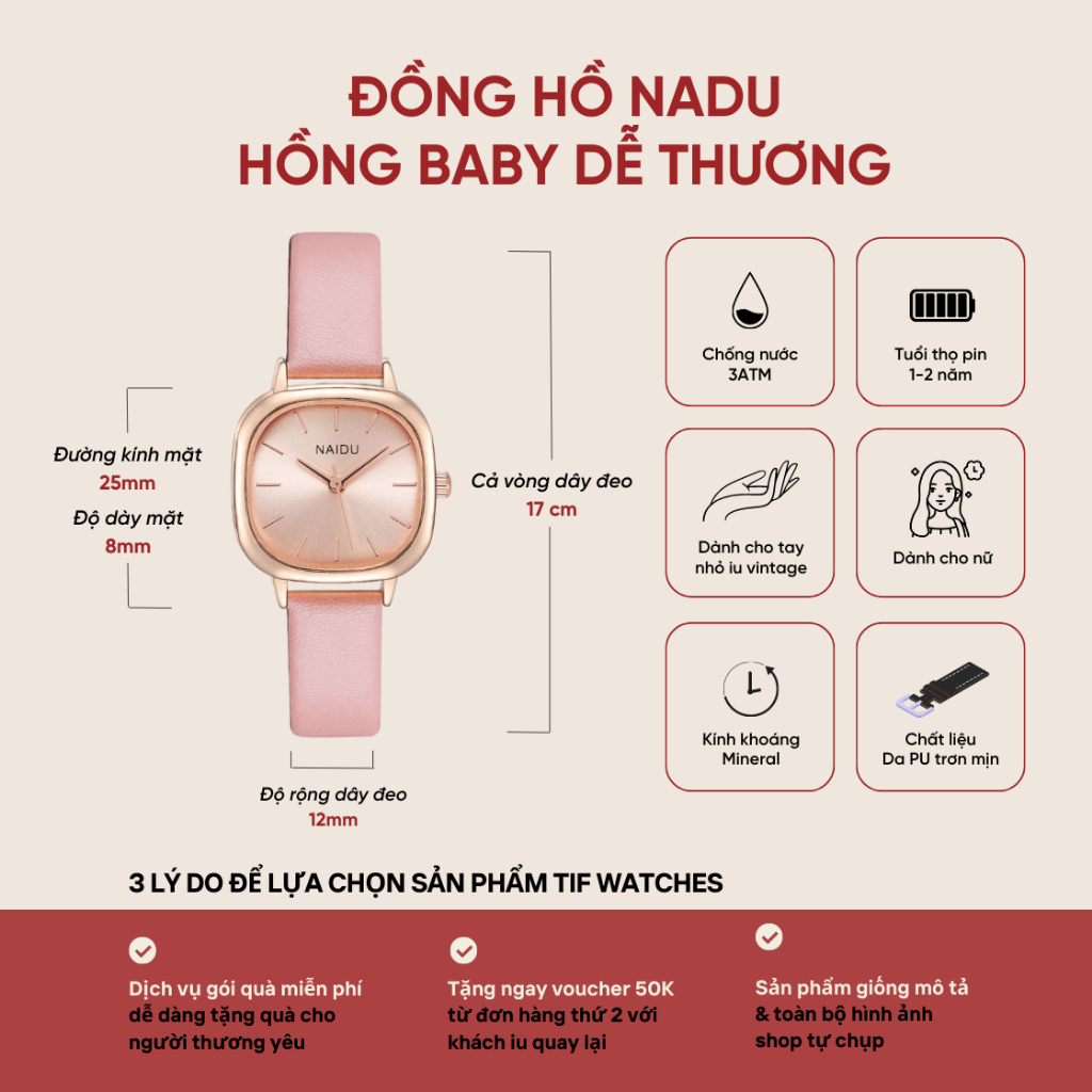 Đồng Hồ Dây Da Nữ NADU Classic Tif Watches Đeo Tay Thon Gọn Tiểu Thư Dễ Thương