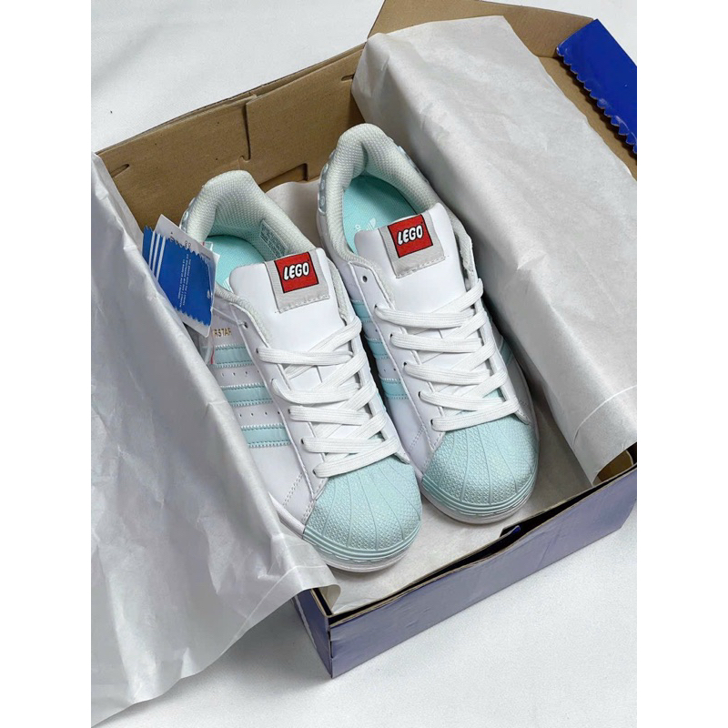 Giày sneaker superstar 2023 trắng mũi xanh pastel