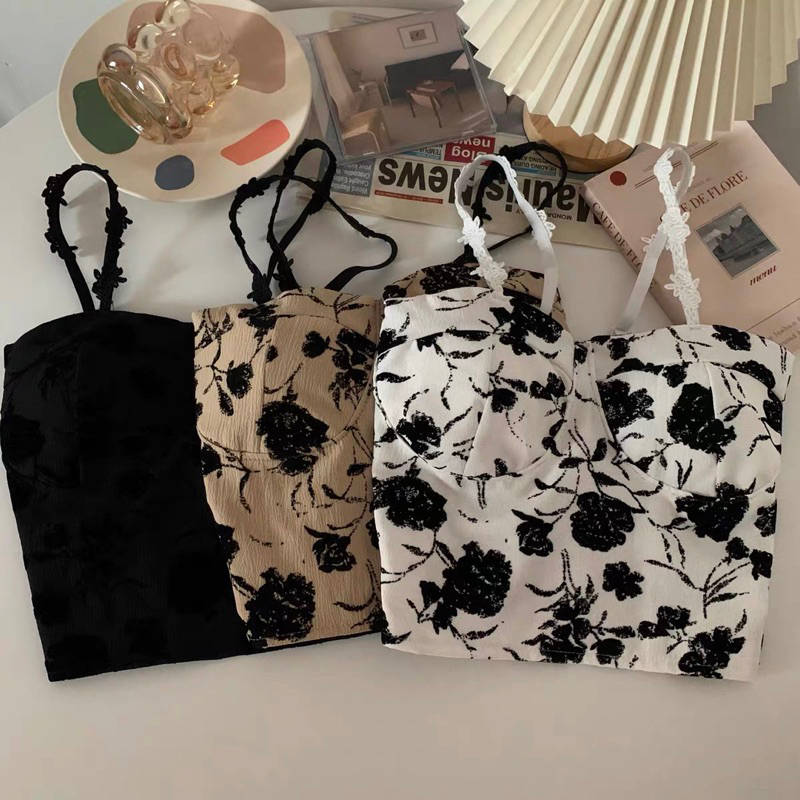 Áo 2 Dây Ren Hoa Hồng Đen Chun lưng