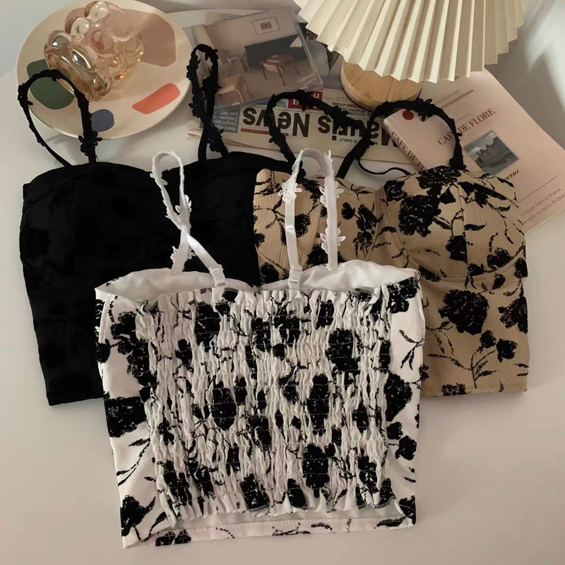 Áo 2 Dây Ren Hoa Hồng Đen Chun lưng