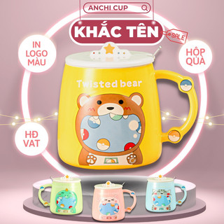 [KHẮC TÊN] Ly sứ KHỦNG LONG, Gấu, Thỏ,Mèo - HÌNH THẬT, cốc sứ IN HÌNH THEO YÊU CẦU CÓ NẮP và THÌA, dung tích 450ml