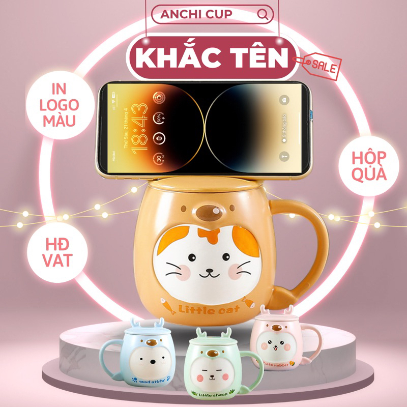 Cốc sứ nắp ĐỠ ĐIỆN THOẠI - HÌNH THẬT, ly sứ IN HÌNH THEO YÊU CẦU CÓ NẮP & THÌA, dung tích 400ml, HÔP QUÀ TẶNG