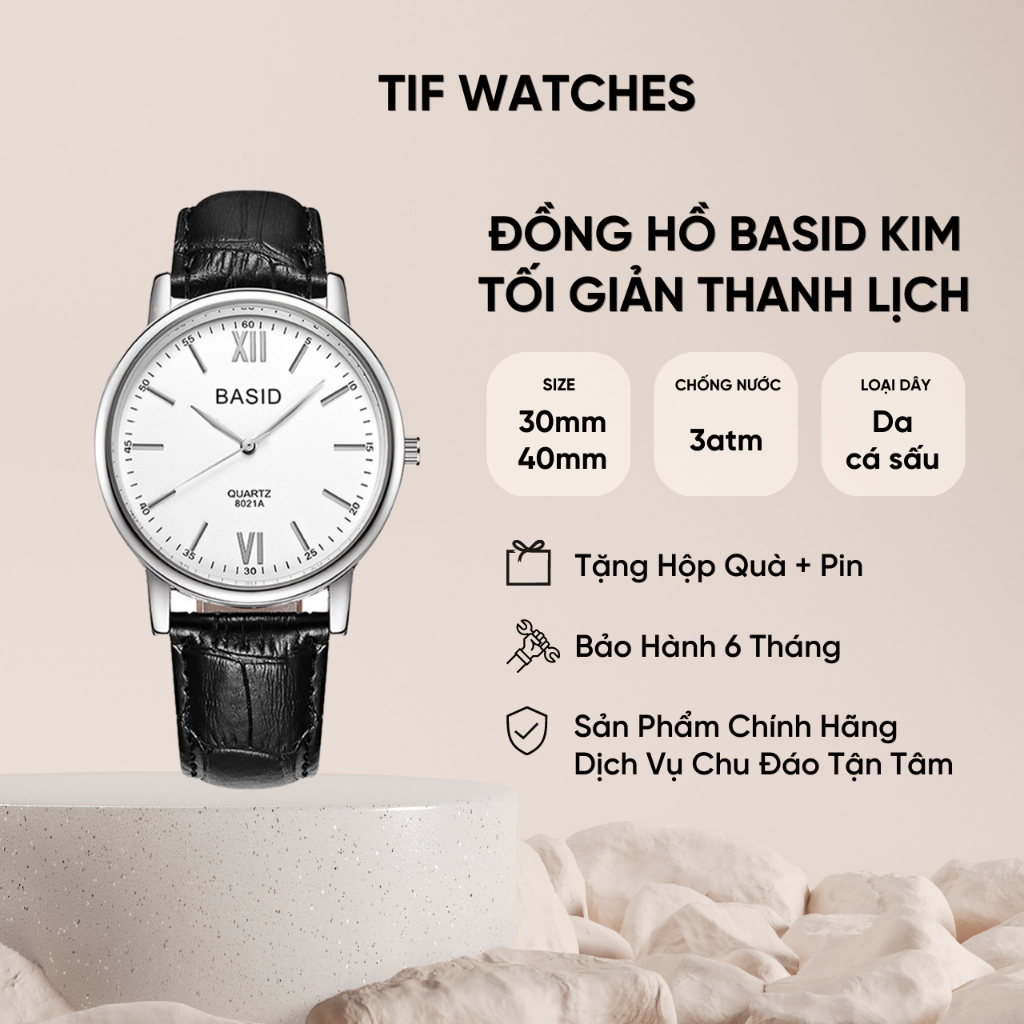 Đồng Hồ Nam Nữ Cặp Đôi BASID KIM Tif Watches Tối Giản Dây Da Cao Cấp Chống Nước