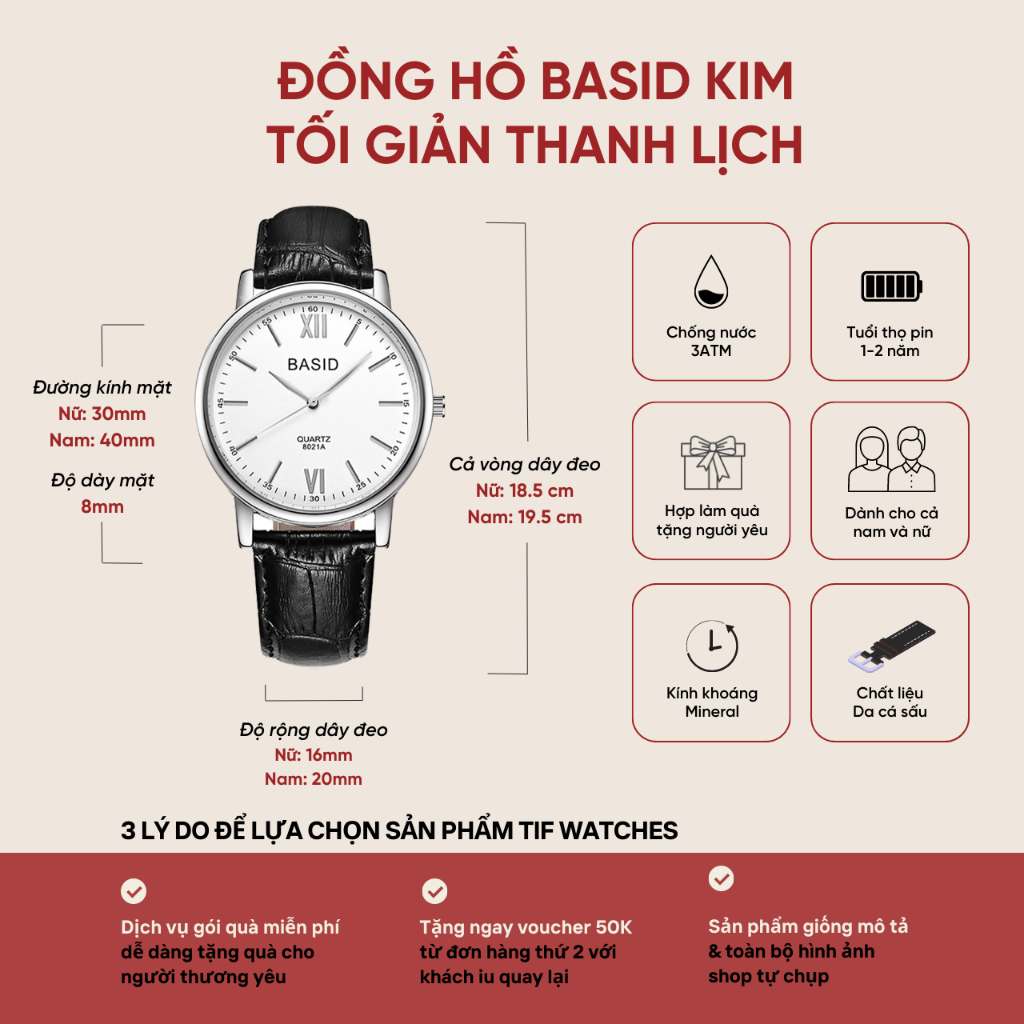 Đồng Hồ Nam Nữ Cặp Đôi BASID KIM Tif Watches Tối Giản Dây Da Cao Cấp Chống Nước