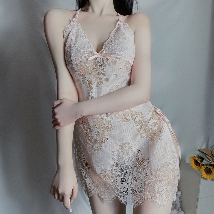 Váy ngủ ren hở lưng xẻ tà dây rút siêu quyến rũ DA09