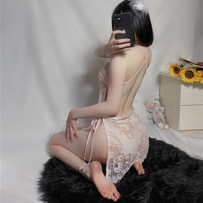 Váy ngủ ren hở lưng xẻ tà dây rút siêu quyến rũ DA09