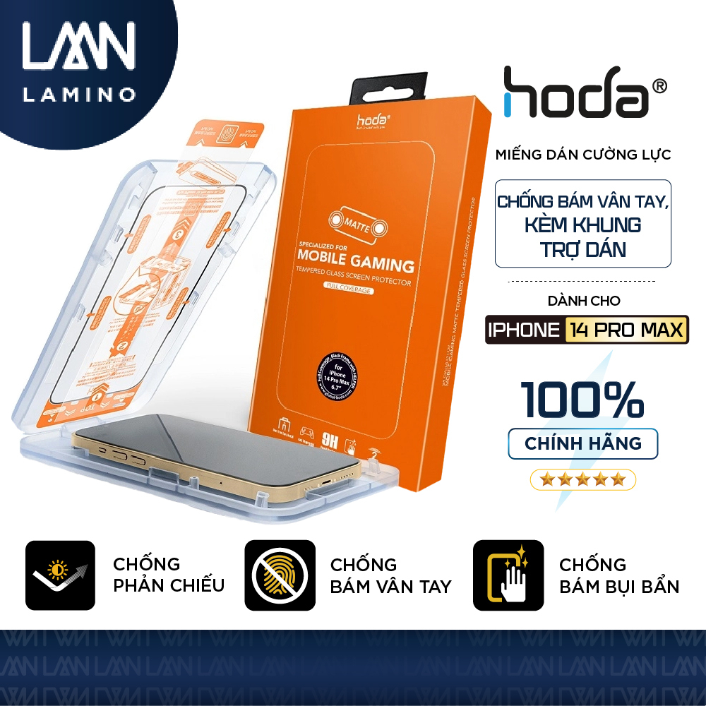 Kính cường lực nhám kèm khung trợ dán HODA chống bám vân tay full viền đen cho iPhone 14 series
