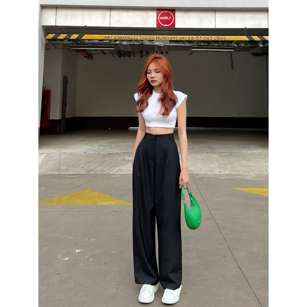 Quần Cotton nữ ống suông HHVINTAGE kiểu lưng 1 nút cài cotton Hàn co giãn A08