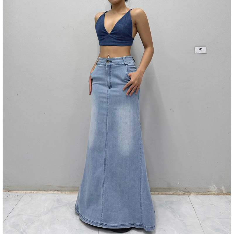 Chân váy jeans xoè siêu dài chạm đất đuôi cá xoè ôm body sexy minimalist style dành cho cả m5 m6 m7