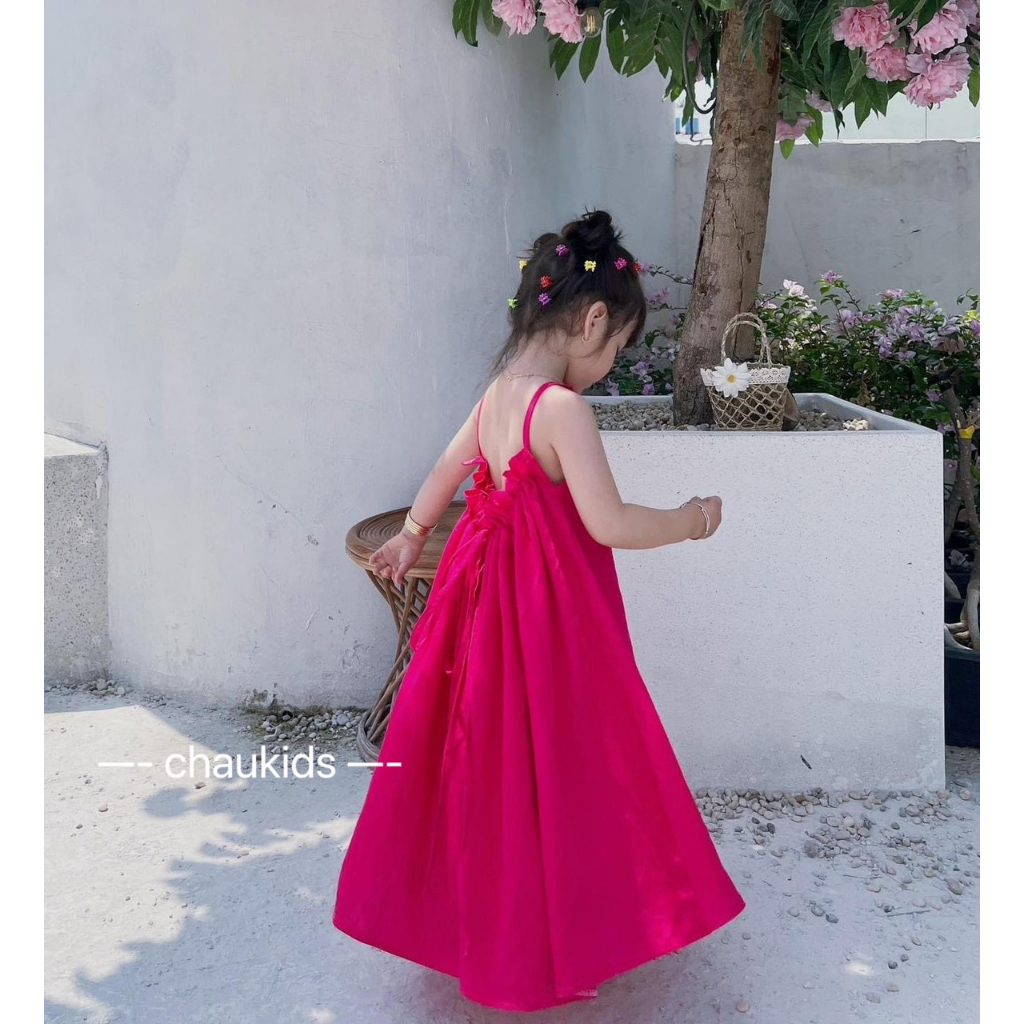 Váy maxi dài thướt tha mặc đi biển vải đũi cho bé gái