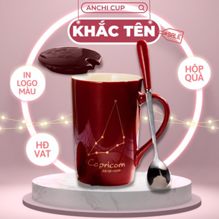 Cốc sứ CUNG HOÀNG ĐẠO đỏ KHẮC TÊN THEO YÊU CẦU, ly sứ CÓ NẮP THÌA, dung tích 400ml, HỘP QUÀ TẶNG kèm gấu dễ thương