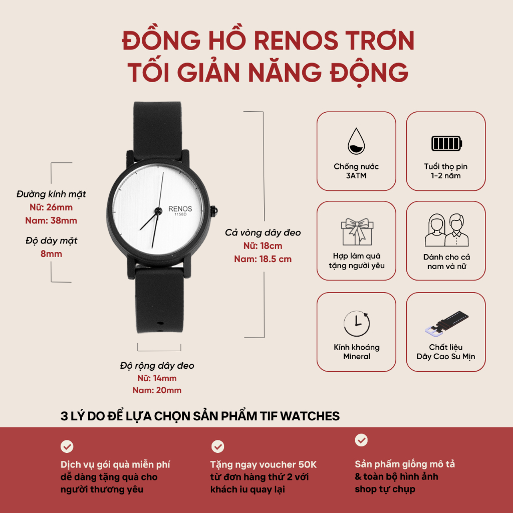 Đồng Hồ Nam Nữ Couple RENOS TRƠN Tif Watches Phong Cách Thể Thao Năng Động Chống Nước