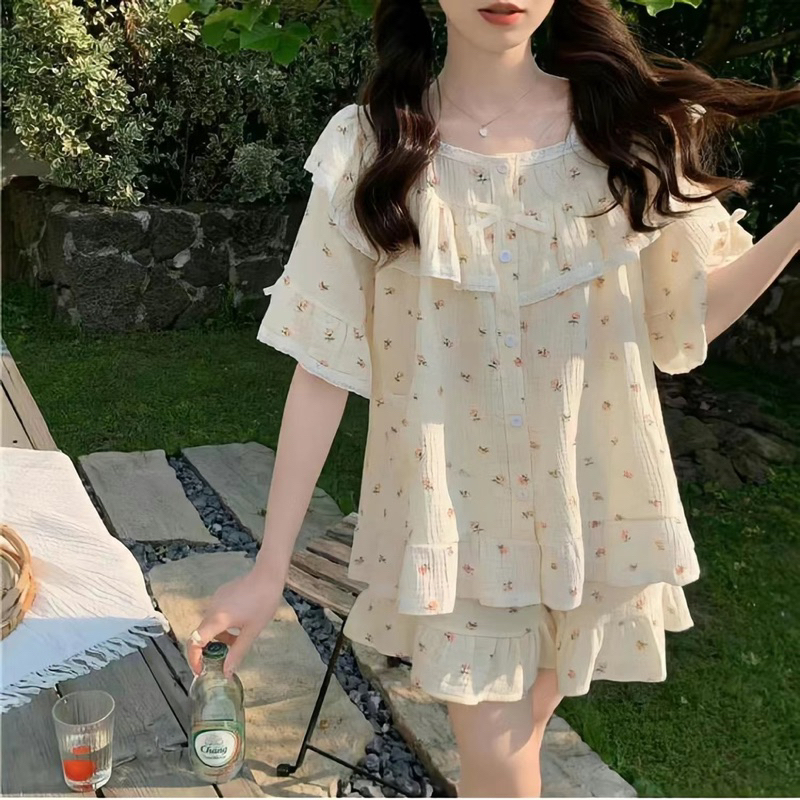 Ins ren phong cách công chúa đồ ngủ nữ mùa hè ngọt ngào cô gái quần short ngắn tay hoa phù hợp với dịch vụ nhà