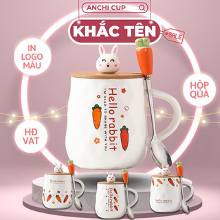 [KHẮC TÊN] Cốc sứ hình THỎ HAPPY TIME Khắc Tên, In LOGO theo yêu cầu,  ly sứ giữ nhiệt CÓ NẮP và THÌA, dung tích 470ml