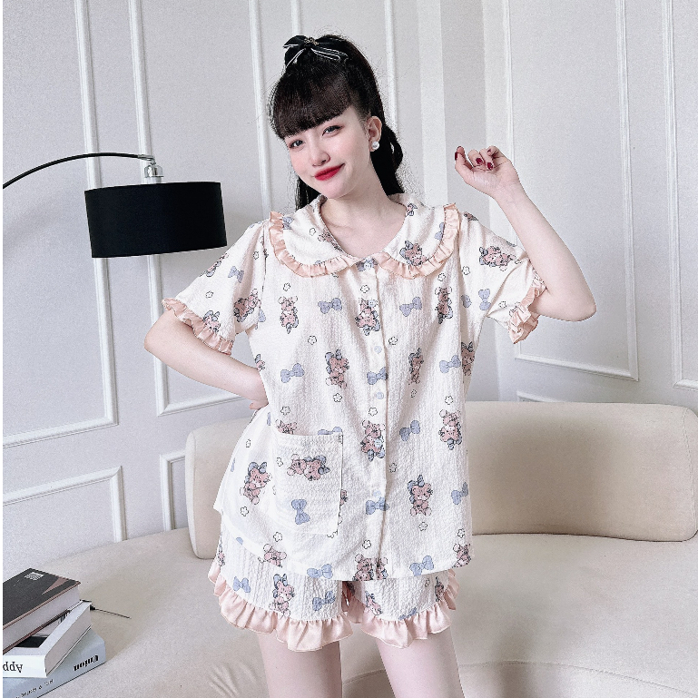 PIjama Mặc Nhà SOJUN Bộ Đùi Đũi Xốp Cổ Sen Phối Satin 50-70 kg