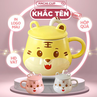 [KHẮC TÊN] Ly sứ HỔ TIGER - HÌNH THẬT, cốc sứ IN HÌNH THEO YÊU CẦU ý nghĩa CÓ NẮP và THÌA, dung tích 450ml, HỘP QUÀ TẶNG