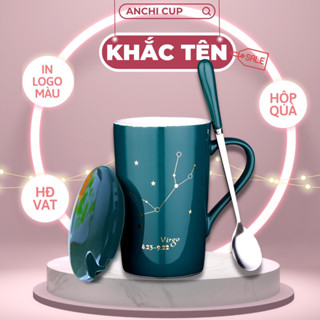 [KHẮC TÊN] Cốc sứ CUNG HOÀNG ĐẠO xanh - HÌNH THẬT, ly sứ IN HÌNH THEO YÊU CẦU CÓ NẮP THÌA, dung tích 400ml, HỘP QUÀ TẶNG